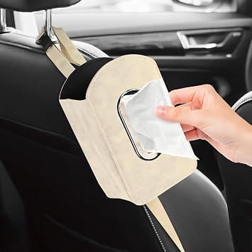 Car Seat Side Tissue Holder, Rectangular Leather Hanging Tissue Box Cover for Cars Front Seats, Automotive Seat Storage Organizer for Phone, Stuff, Universal Interior Car Accessories Beige