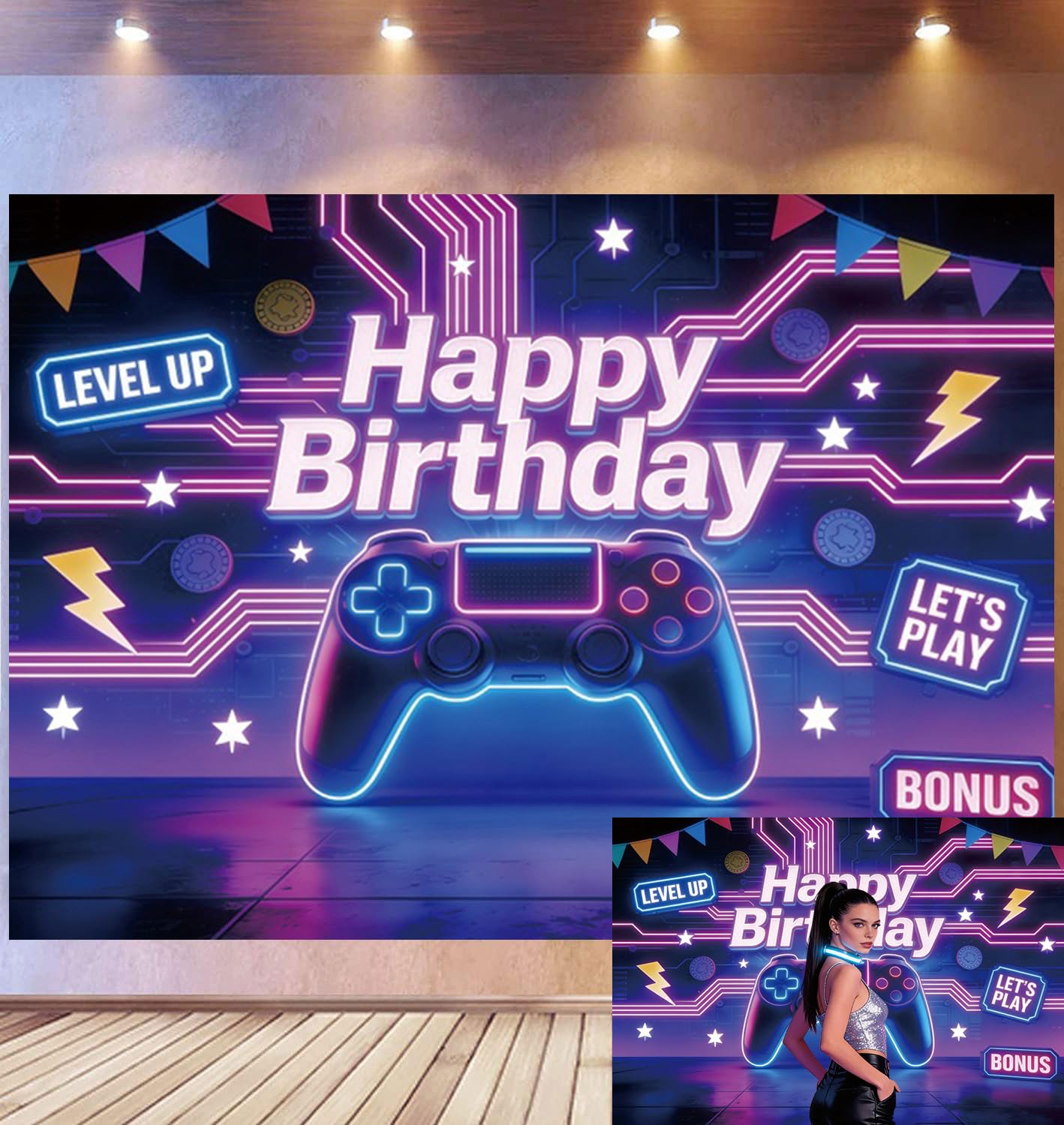 4,5x3m Sfondo Compleanno Gaming "Level Up" Controller Neon Accenti Arte Pixel "Buon Compleanno" Tema Gamer Festa Cyberpunk Accessori Studio