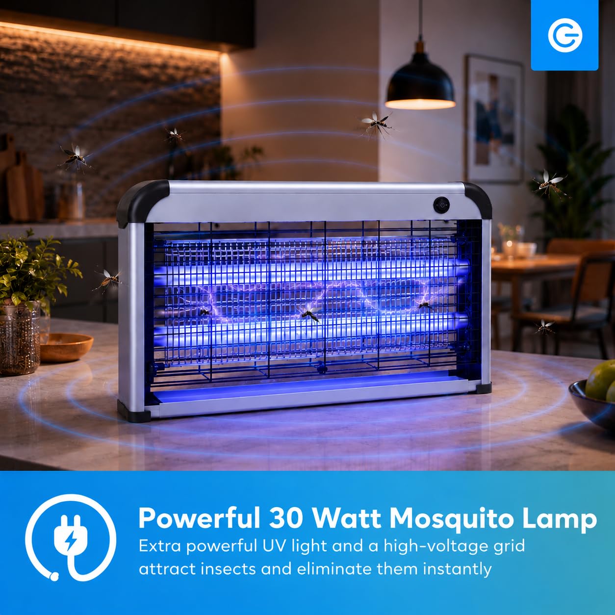 Silvergear Mosquito Lámpara Gran | Mata Insectos Eléctrico con Lámpara UV | Trampa para Mosquitos, Atrapa Moscas y Repelente de Insectos | Protege un área de 100 m² | Ligero y Portátil | 30W