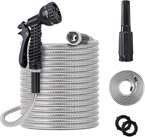 Manguera de jardín de metal de 75 pies, manguera de agua resistente de acero inoxidable con 2 boquillas, sin enredos ni torceduras, ligera y