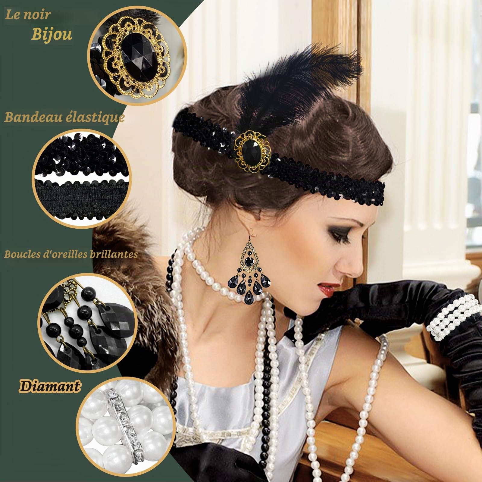 Lot de 9 costumes des années 20 pour femme, robe Charleston à franges, clapette des années 1920, col en V avec accessoires, colliers et boucles d'oreilles, pour robe des années 20