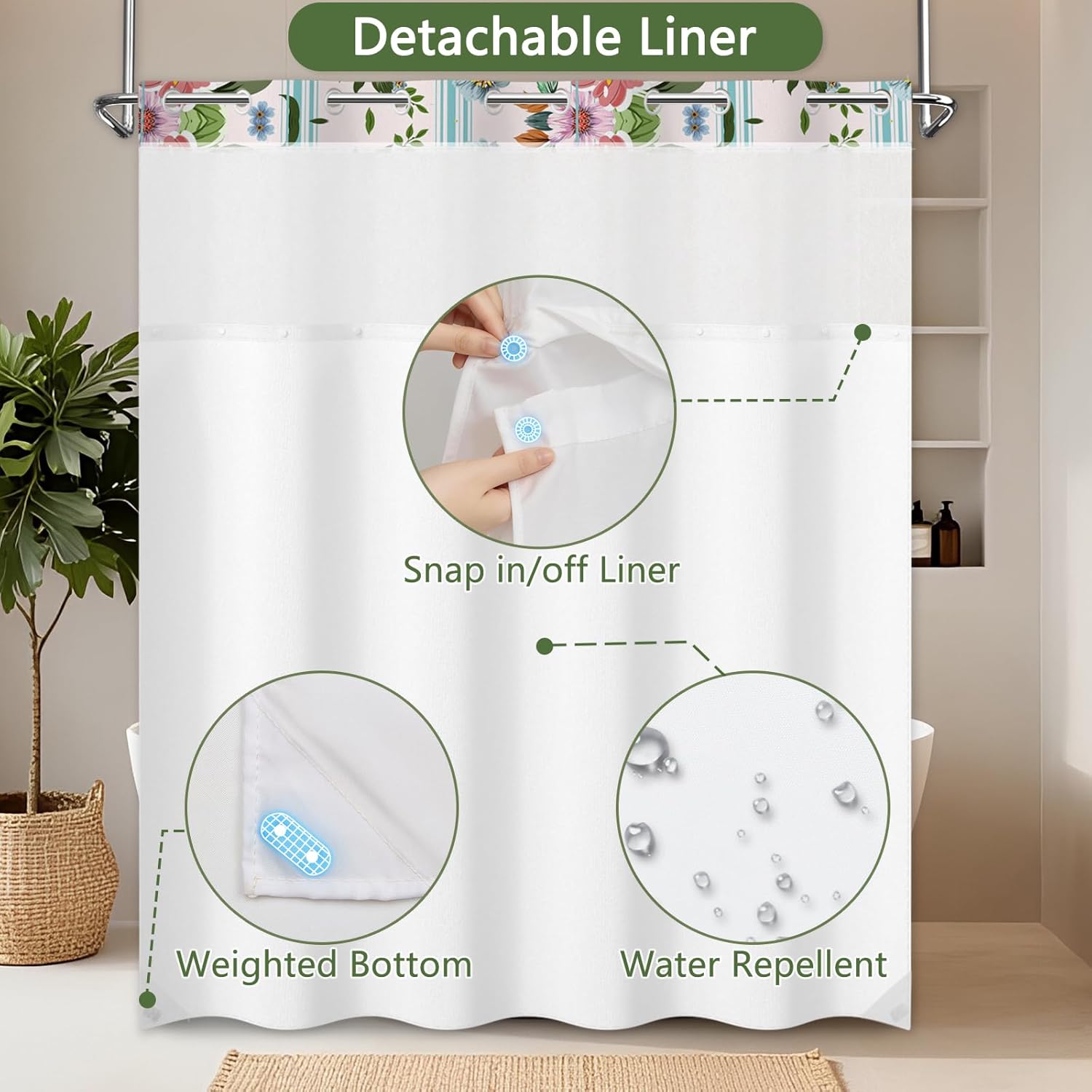 Spring Shower Curtains for Bathroom, No Hook Floral Shower Curtain with Snap in Liner and Weighted Bottom Hem, Double-Layer Waterproof Vintage Shower Curtains with Sheer Top Window, 71x74 Inches