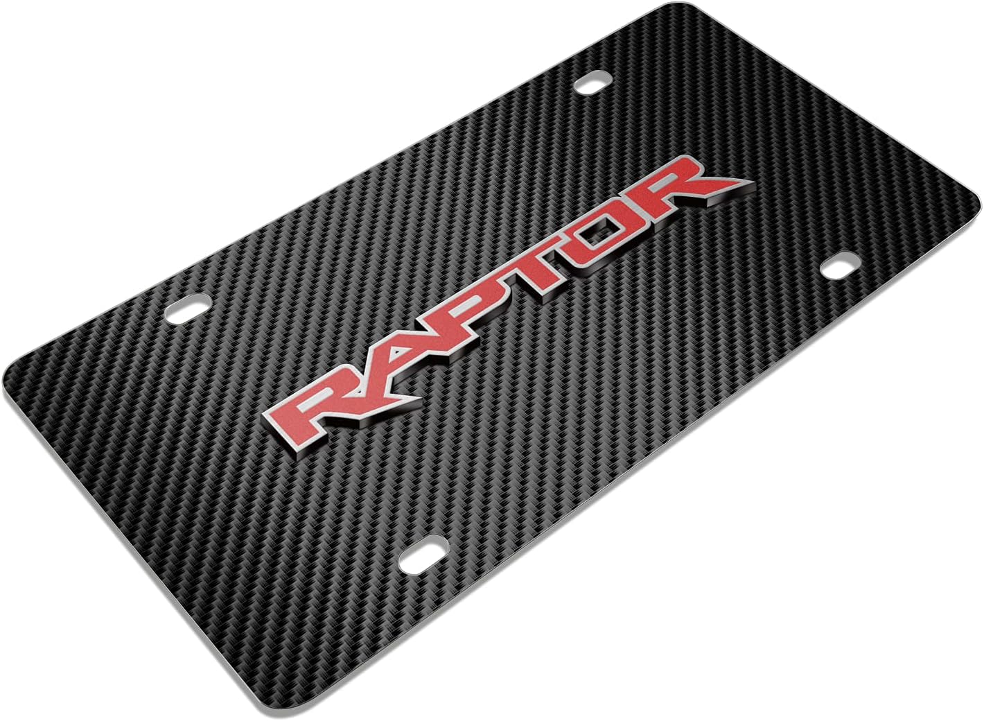 iPick Image for Ford F-150 Raptor in Red 3D Logo Black Carbon Fiber Patten Steel License Plate - Official Licensed