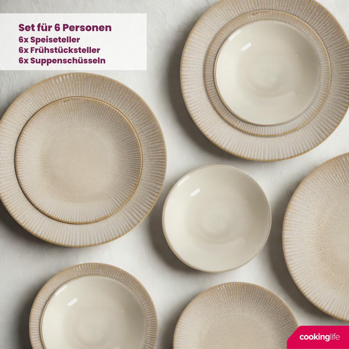 Cookinglife Geschirrset Coastal Lines Ocean Beige, 18-teilig für 6 Personen, Steingut, spülmaschinen- und mikrowellengeeignet