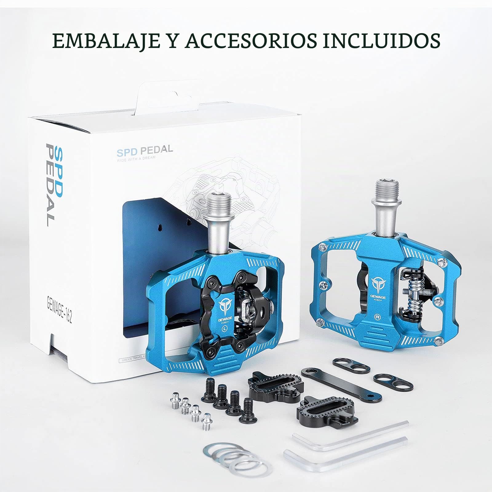 GEWAGE Pedales de Bicicleta SPD, Pedales de Bicicleta de montaña, Pedales de Dos Lados SPD, Plataforma Ancha Antideslizante con 3 rodamientos, Pedales Ligeros de Aluminio de 9/16 Pulgadas
