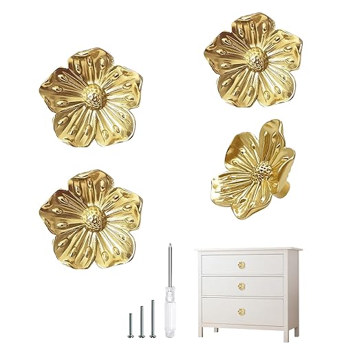 Redeam Gold Dresser knobs, Flower Knobs for Dresser Drawer, Brass Floral Cabinet Knob, Decorative Vintage Pulls and Knobs 4 Pack, Kitchen Cupboard Bathroom Cabinet Hardware Handles