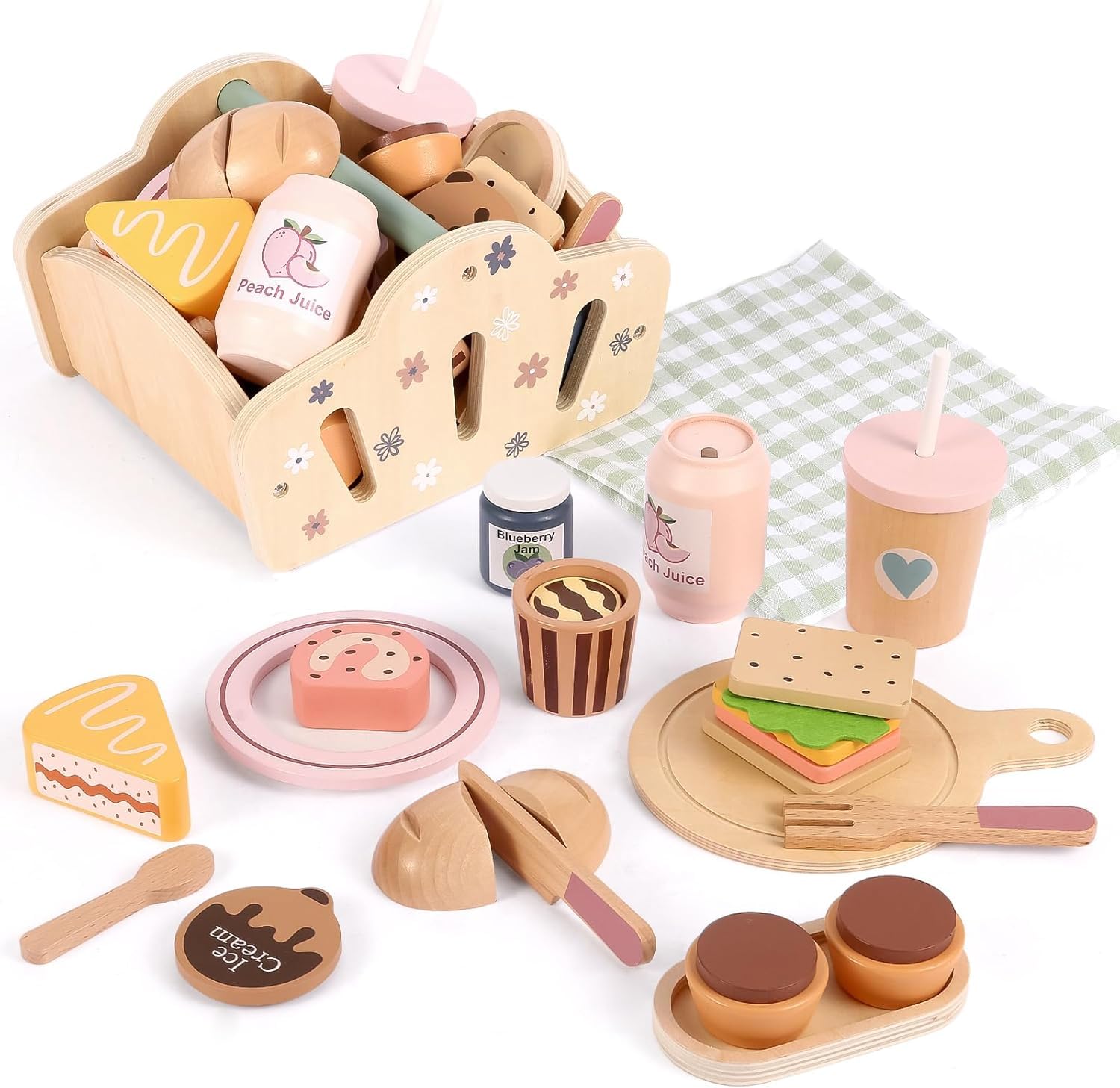 FIIOEOY Wooden Play Food for Kids, Wooden Picnic Set with Picnic Basket Toy, Wooden Food Toy for Play Kitchen Accessories Gifts for 3 4 5 Years Girls Boys