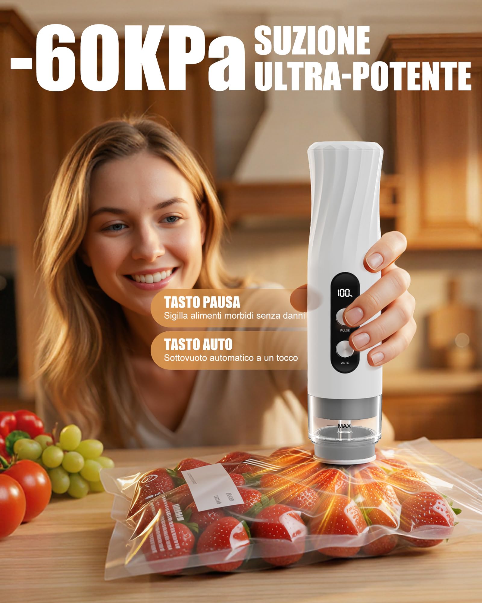 Babacom Macchina Sottovuoto Alimenti Portatile + 30 Pezzi (S:21x22cm) Sacchetti Sottovuoto Alimenti Riutilizzabili, Senza BPA, per Congelatore/Cottura Sous Vide/Conservazione