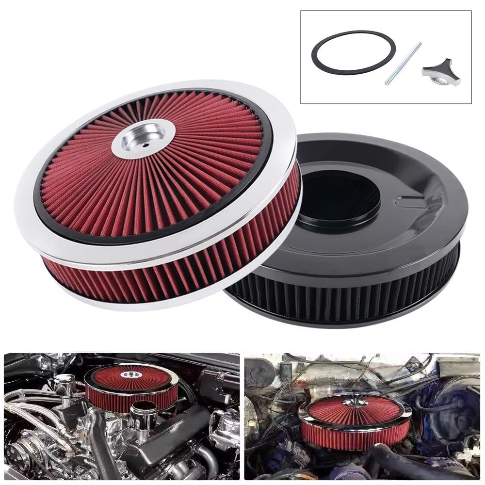 Car Air Cleaner Filter 14" X 3" Round Washable Air Filter High Flow Filter for 5-1/8-inch Universal(Red-360 Degree)