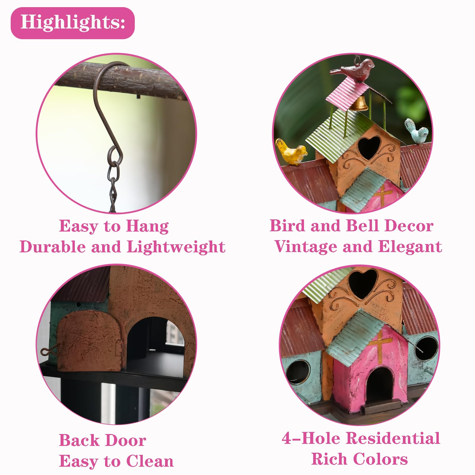 Große Vogelhäuser zum Aufhängen im Freien, 4 Löcher, Vogelhaus für den Außenbereich mit Glocke, leicht zu reinigen, Bunte Metall-Vogelhäuser für den Außenbereich.