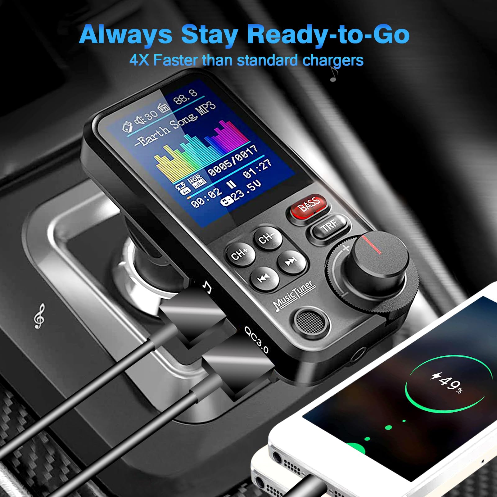 Bluetooth Auto FM Trasmettitore, Adattatore Musica Accendisigari per Autoradio, Supporto QC3.0 per Ricarica Rapida USB, Lettore MP3, Bassi Profondi, Display da 4.5CM