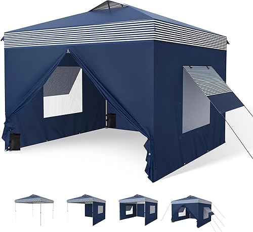 Miniatura 23 de MFSTUDIO Carpa Desplegable de 10x10 pies, Refugio Gazebo Sombra Solar Toldos Impermeables Patio Portátil Carpas con Malla Desplegables para Playa,