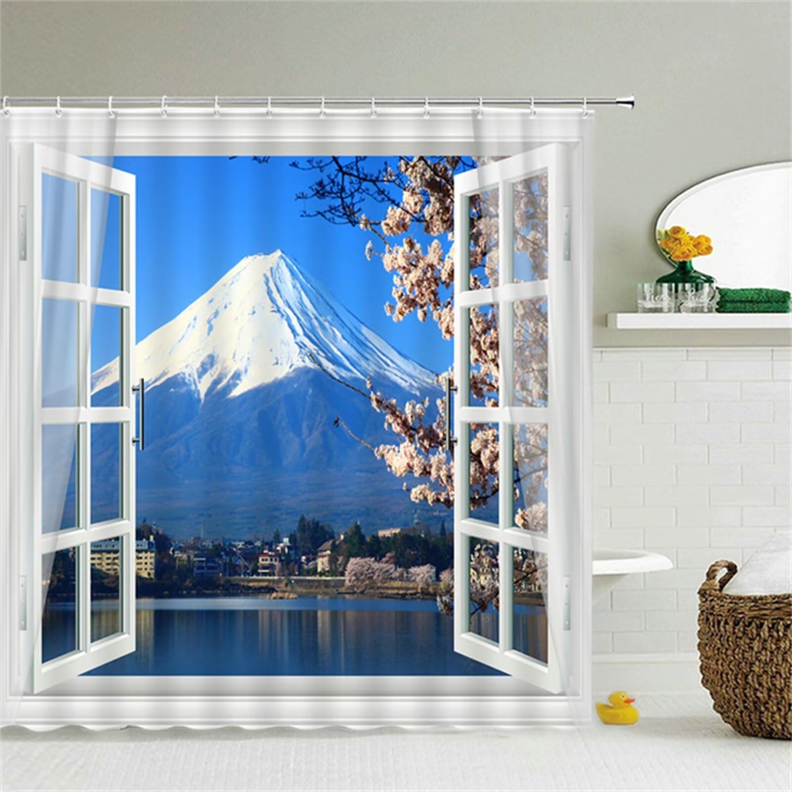 Monte Fuji Cortina de Ducha Antimoho,Cortina de Baño 300x190cm,Textil de Poliéster Cortina de Ducha Impermeable,Lavable,Antibacteriana,con 12 Ganchos,3D Shower Curtian para Baño Decor
