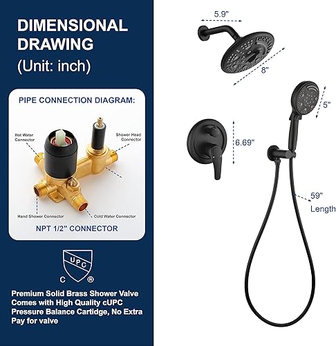 Miniatura 17 de SHAMANDA Juego de grifo de ducha, sistema de ducha montado en la pared con cabezal de ducha de lluvia de alta presión de 9 pulgadas y cabezal