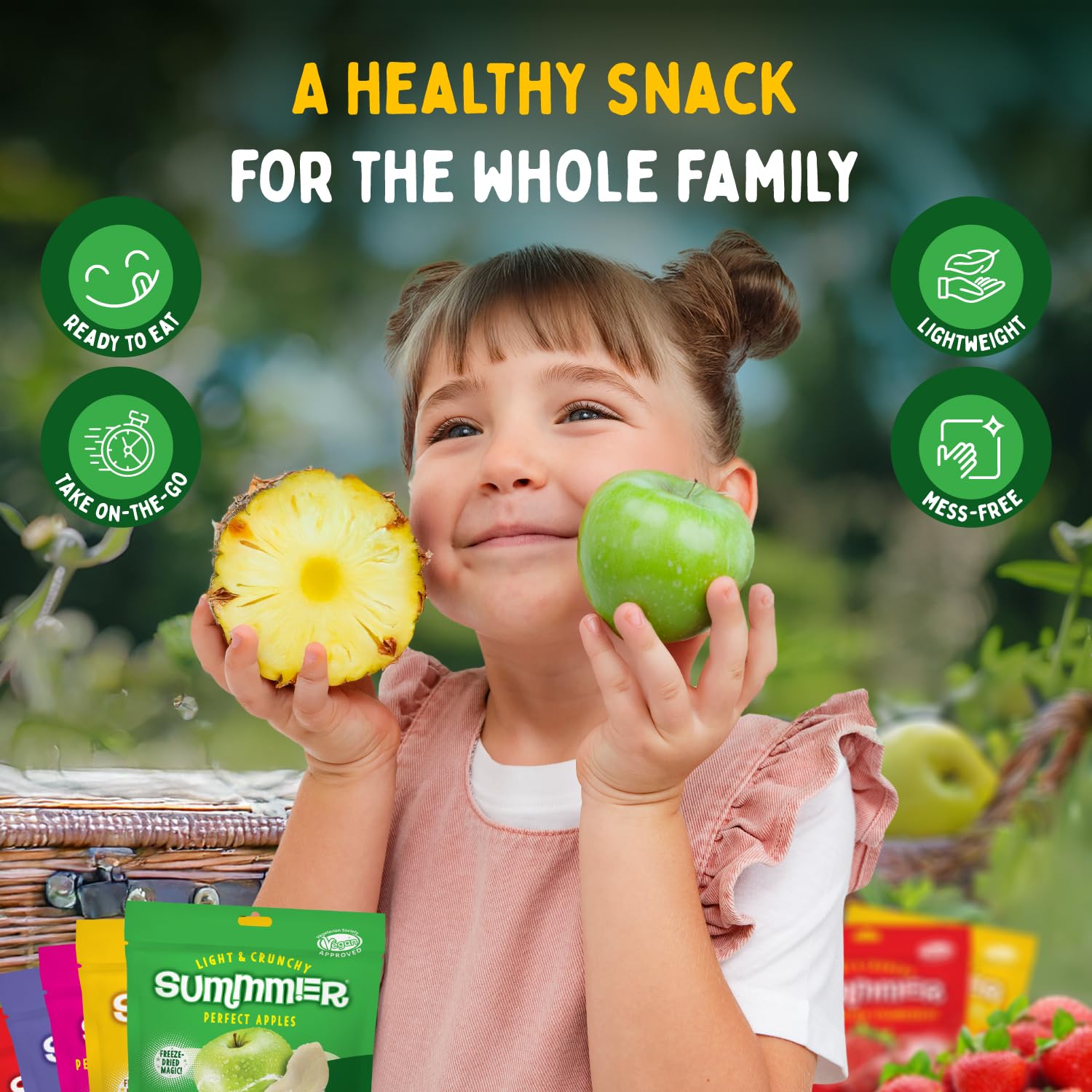 Miscela di frutta croccante liofilizzata, 12 confezioni da snack (9 x 11 g, 2 x 13 g, 1 x 20 g), fragole, lamponi, mele, anananas, mango, banane, mirtilli, spuntino senza zuccheri aggiunti