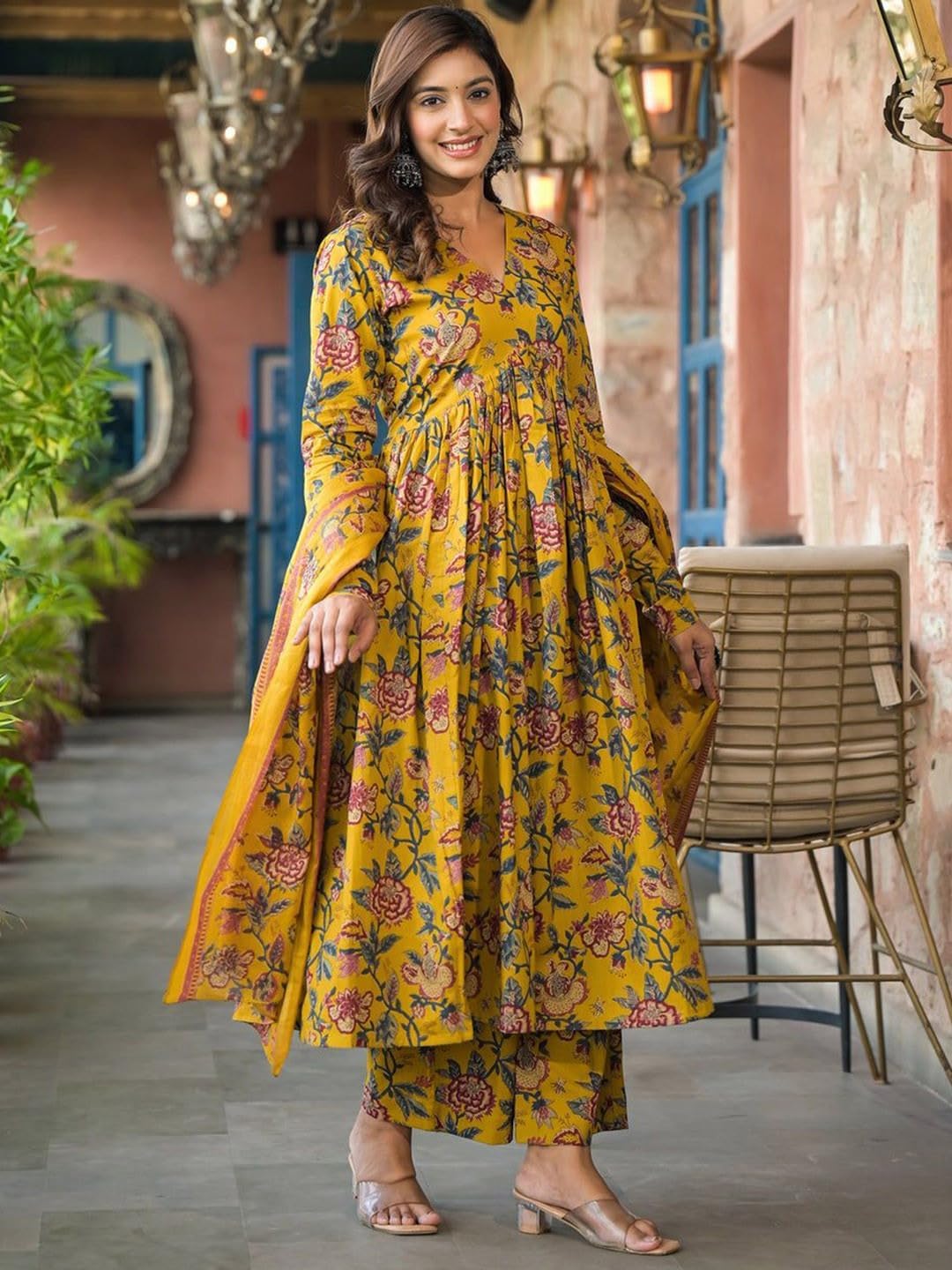 Women's Floral Printed Anarkali Kurta Set with Dupatta, Yellow, Long Sleeve, Cotton Blend, Indian Ethnic Wear