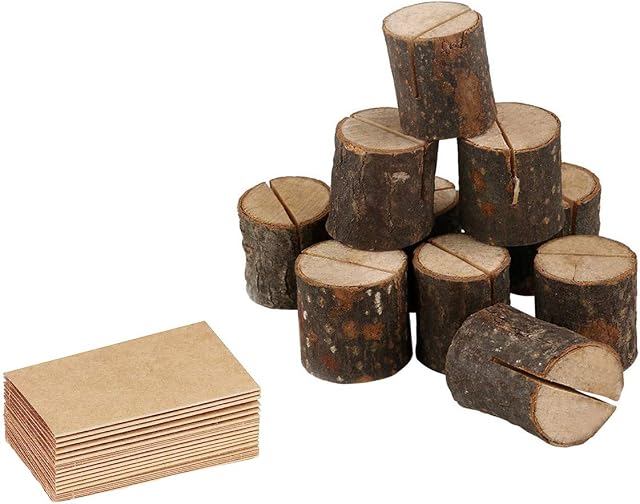 YUEMING 10Pcs Place Card Holders, Rustic Wood Table Card Holder, Number Stand with 10 Kraft Paper Wooden Menu Holder Place Name Memo Card Holder for Wedding Decorations and Party