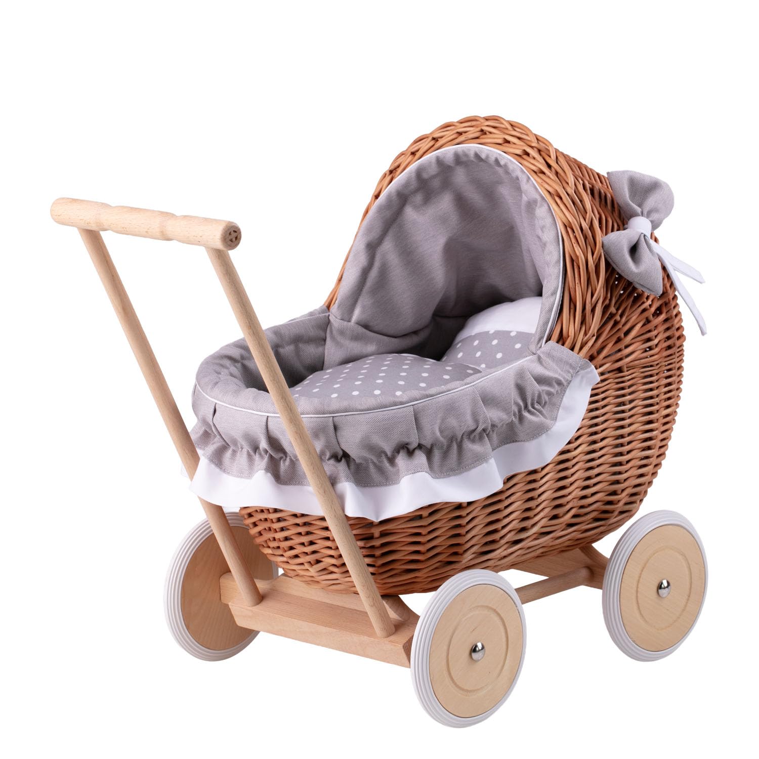Korbpuppenwagen mit Holzuntergestell – Vintage-Stil, wunderschöne Dekoration für Fotoshootings Sammler-Puppenwagen aus Weide (Grau1)