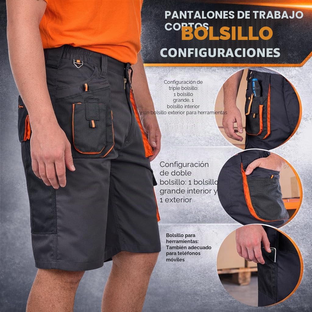BWOLF Atlas – Pantalones Cortos de Trabajo para Hombre con Bolsillos Múltiples | Tejido Reforzado 600D | Gris/Naranja