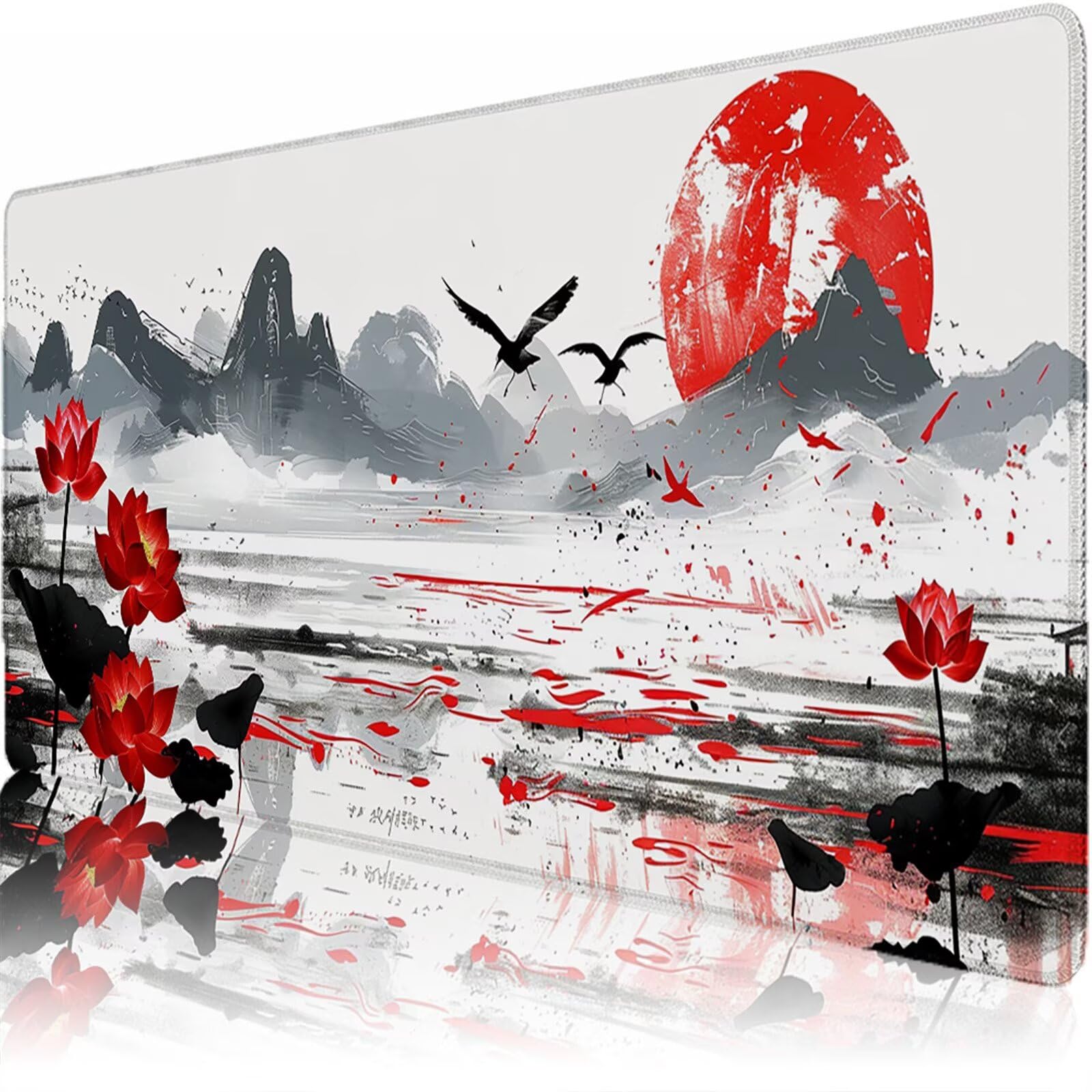 Sottomano Scrivania Grande 1200 x 600 x 3 mm Stile Giapponese Tappetino Tastiera Computer con Base Antiscivolo e Bordi Cuciti, Protezione Impermeabile, per Lavoro/Casa/PC Gamer, Regali (Loto) L-x6642