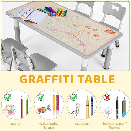Miniatura 16 de Arlopu Juego de mesa y 4 sillas para niños, juego de mesa y sillas para niños pequeños, patas antideslizantes, escritorio de graffiti, mesa de