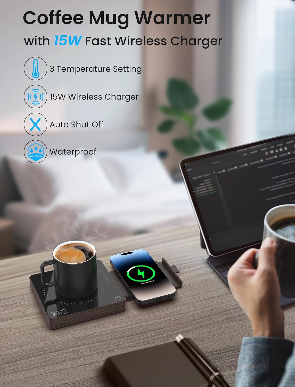 Coffee Mug Warmer with 15W Wireless Phone Charger & 3A USB Charging Port, 3 Temp Settings & 8H Auto Shut Off, Candle Warmer Plate for Heating Coffee, Milk, Tea & Candles,Valentine's Day Gift(Wood)
