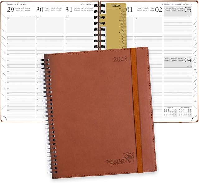 POPRUN 2023 Diary Week to View 26.5 x 21.5 cm - Vertical Weekly Planner with Appointments, Monthly Tabs, Vegan Leather Soft Cover, FSC® Certified 100 GSM Ivory Paper, Inner Pocket- Brown