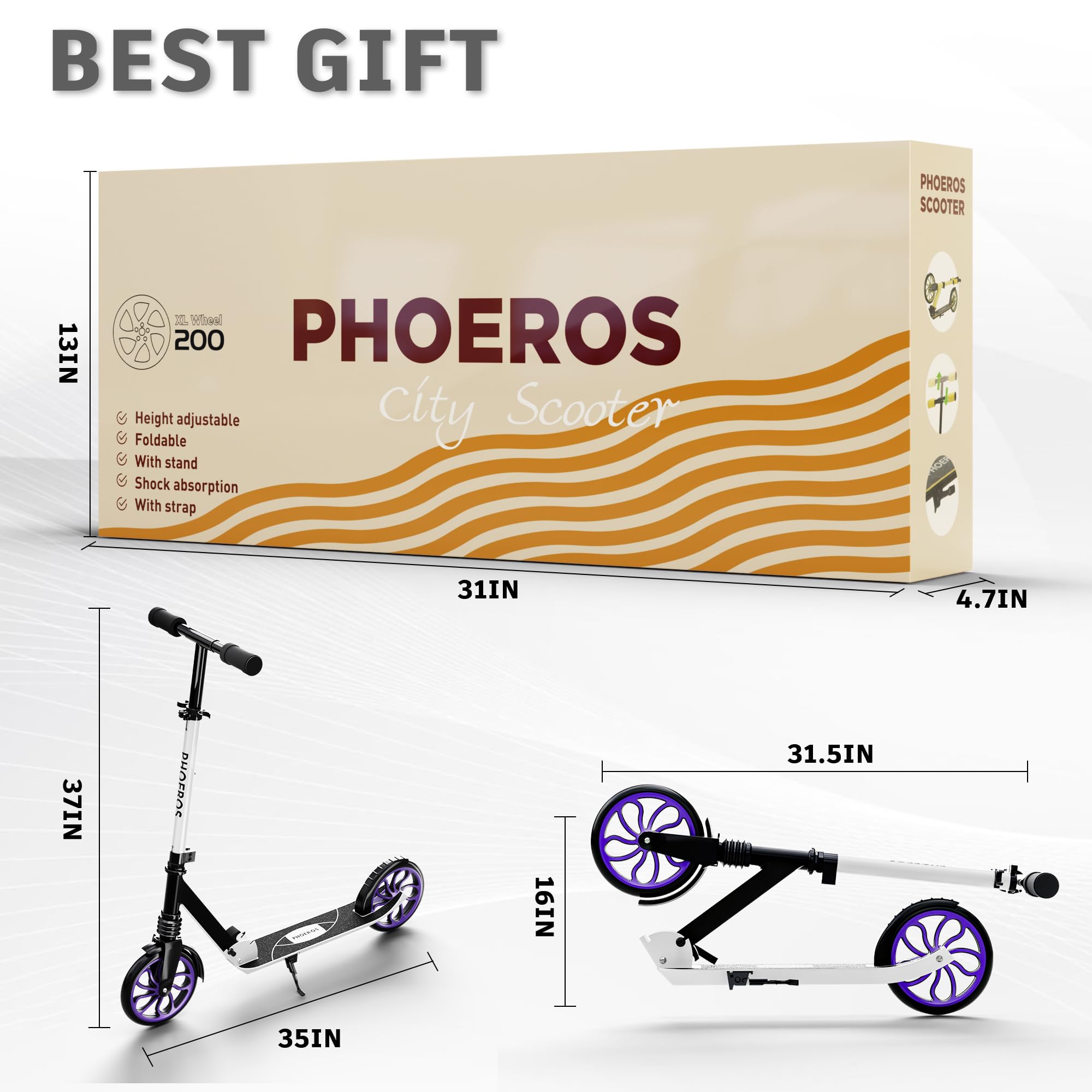 PHOEROS Patinete Plegable para Niños 6-12 Años, Ruedas 120mm, Aluminio