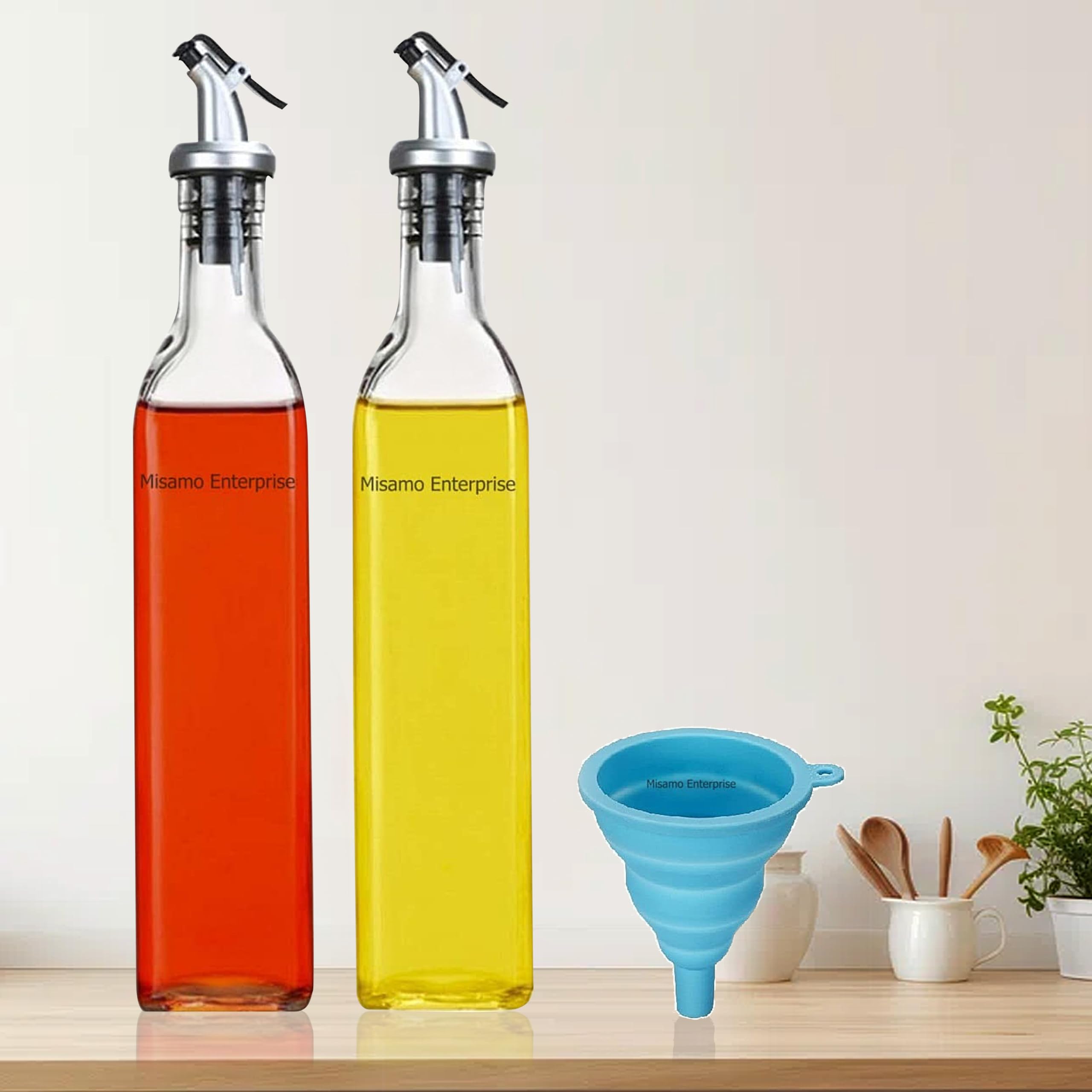 Misamo Enterprise 500 ml Glass Oil Dispenser Bottle with Silicon Funnel, Oil & Vinegar Bottle, Stainless Steel Leak-Proof Cork (2 Pieces Oil Bottle + 1 Piece Silicone Funnel) (B09P1JXQB5) Amazon Price History, Amazon Price Tracker