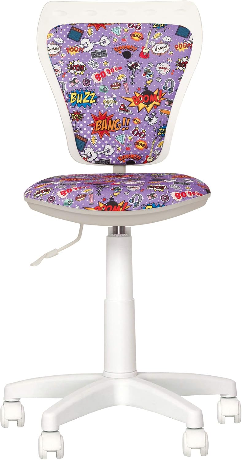 CHAISE-EXPERT MINISTYLE - Silla de escritorio, infantil, Giratoria a 360°, Altura regulable, Respaldo regulable, asiento regulable en profundidad (Cómics, morada/Blanca)