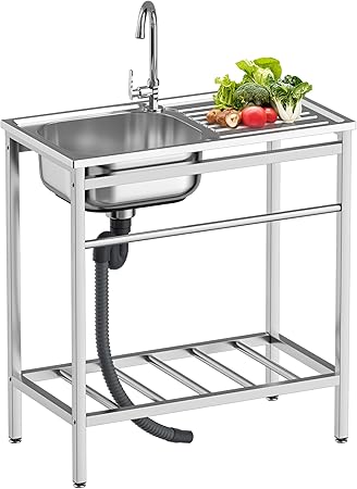 Free Standing Kitchen Sink with Workbench, Stainless Steel Utility Sink with Set for Commerical, Outdoor, Garage, Laundry Room Use (29.52"D x 15.74"W x 29.52"H)
