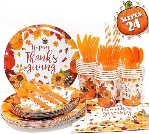 Miniatura 3 de Platos de Acción de Gracias, plato de papel desechable de Acción de Gracias, decoraciones de mesa de Acción de Gracias, sirve 24 juegos de vajilla