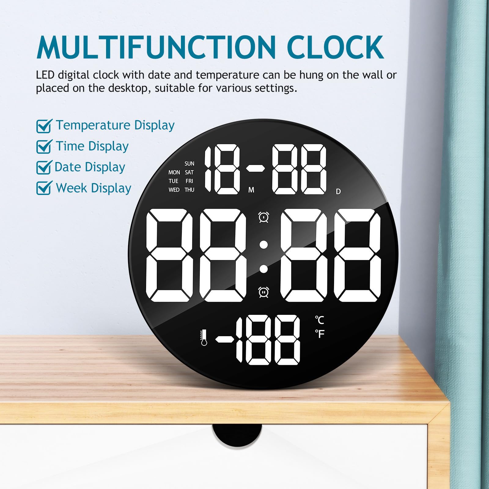 UPKOCH LED Digitale Wanduhr Rund aus Kunststoff mit Fernbedienung und Abnehmbarem Ständer Große Anzeige Duale Platzierung für Schlafzimmer und Wohnzimmer