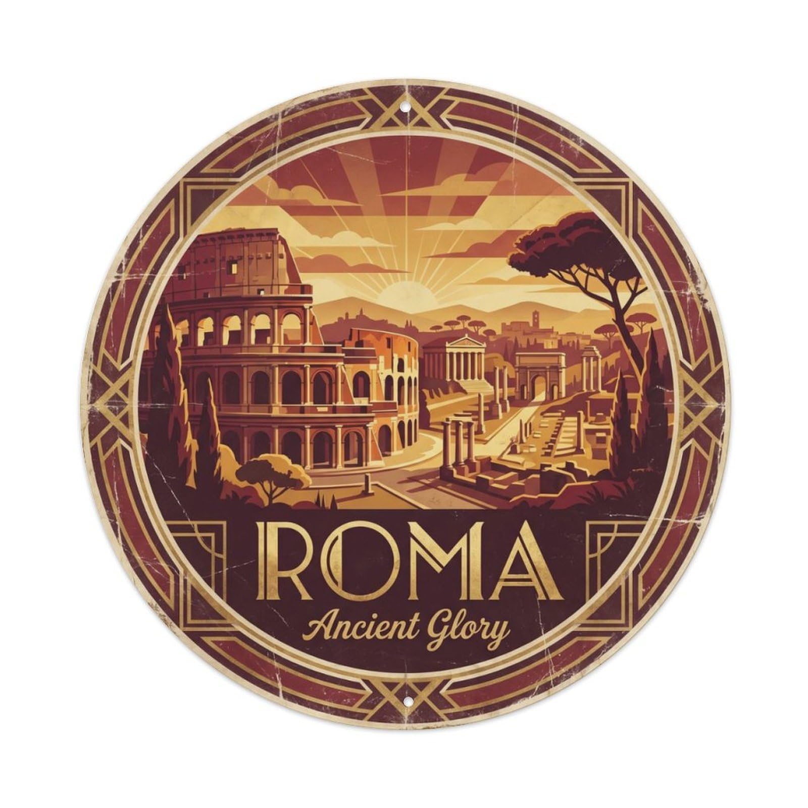 Vintage Travel Colosseum Rome Panorama Metal Tin Sign Plaque Wall Decor for Cafe, Club, Garden Round Metal Poster 8x8Inch