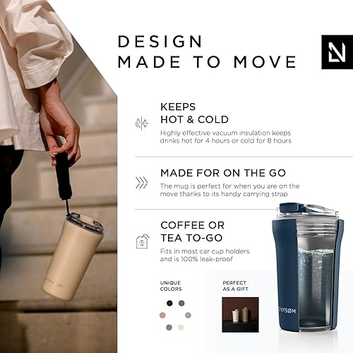 Miniatura 2 de LARS NYSØM Thermo Taza de café con correa de 13 onzas, taza de viaje sin BPA de 0.38 litros con aislamiento, taza térmica de acero inoxidable a