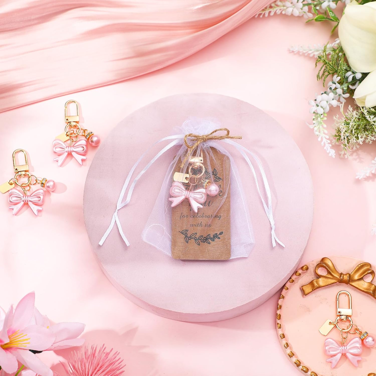 Ecation 20 Set Pearl Bow Keychain Party Favor Set Bow Purse Charm Present for Guest Baptism Bridal Shower Valentine Wedding