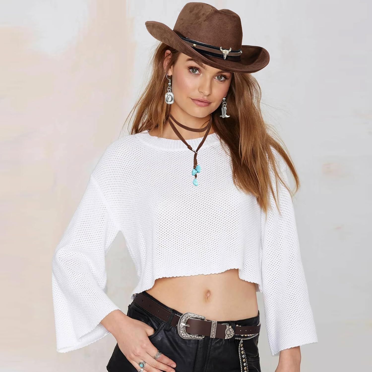 Western Cowgirl Outfit for Women Cowboy Hat Bandana Earrings Belt for Halloween Cosplay Cowgirl Costume Accessories - Image 6