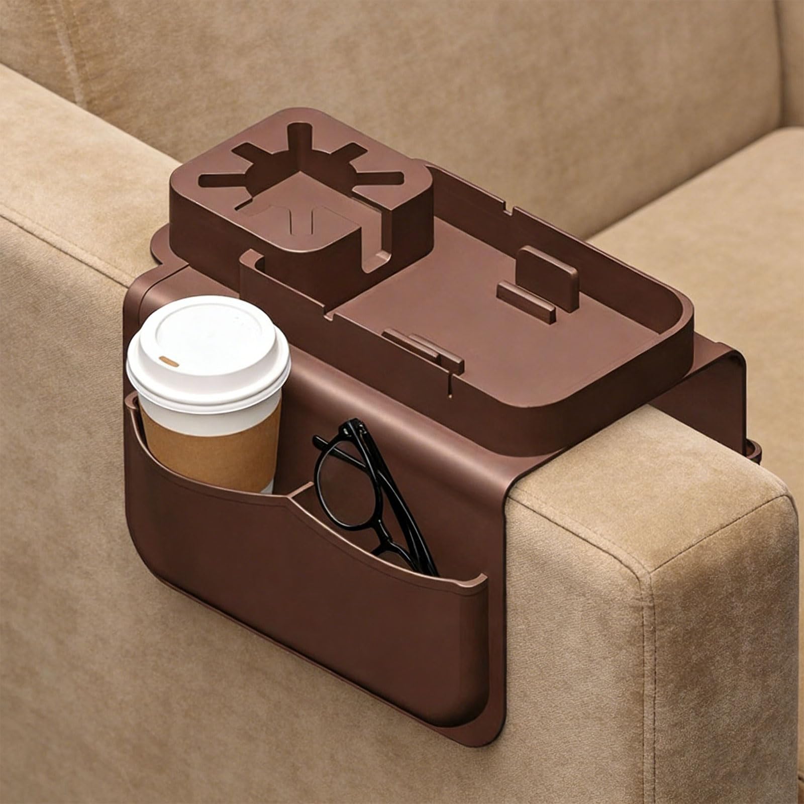 Bandeja para reposabrazos de sofá común, diseñada para sillones anchos, incluye bolsillos dobles para artículos esenciales, bandeja para reposabrazos de sofá