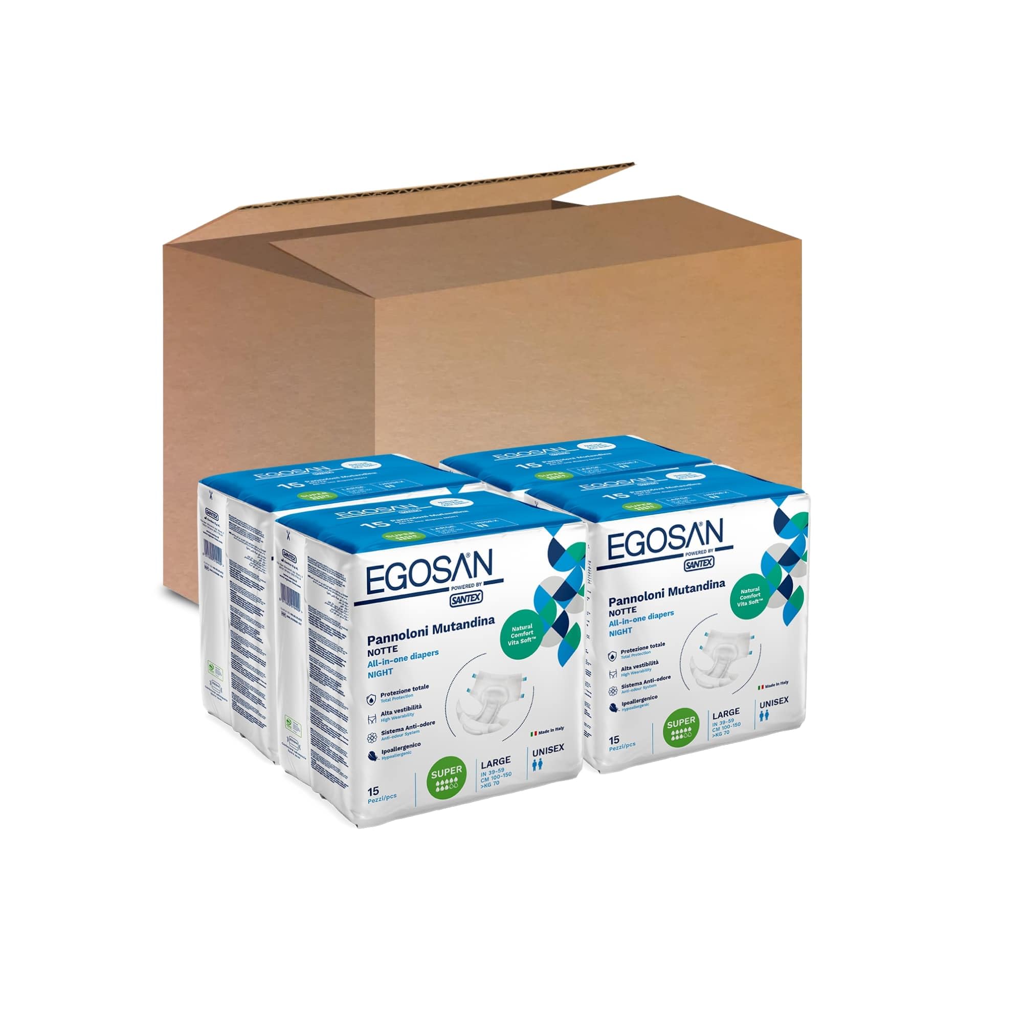 Egosan Pannolone Mutandina Notte Super Pacco Scorta con 4 Confezioni da 15 pezzi, Protezione Totale, Alta Vestibilità, Sistema Anti-odore, Tessuto Effetto Cotone, Ipoallergenico, Unisex, Taglia L
