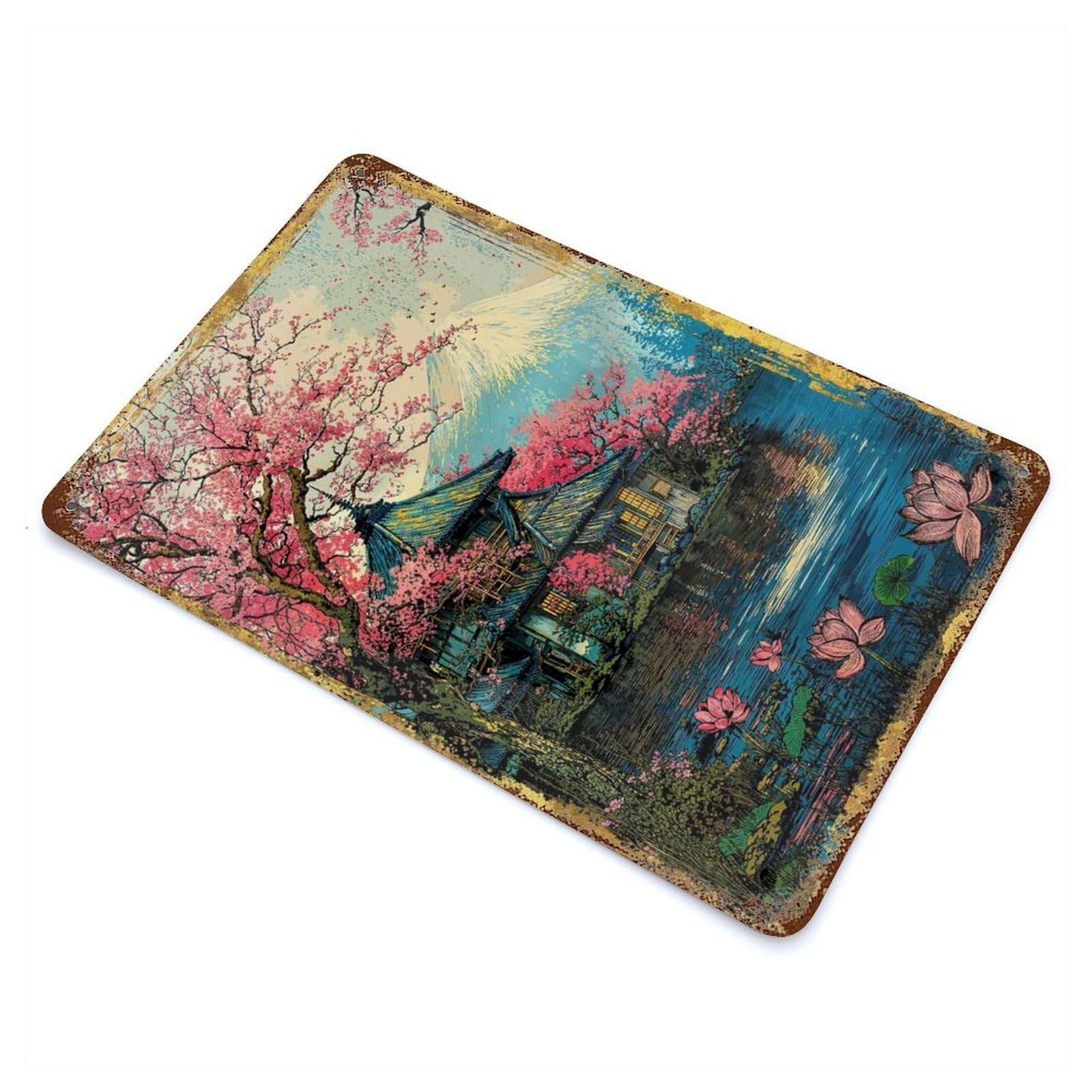 Garage Style Fuji’s Sacred Bloom Retro Art Distressed Metal Wall Sign 11.8"x7.9", Novelty Wall Decor for Bar And Workshop