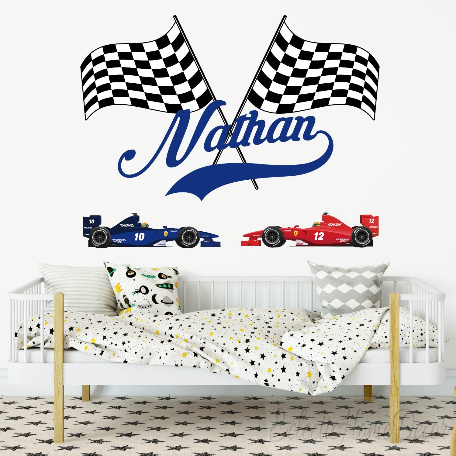 Race Car Wall Decal with Custom Name, Race Flag Sticker for Kids Room, Nursery or Living Room, Name and Color Can Be Customized