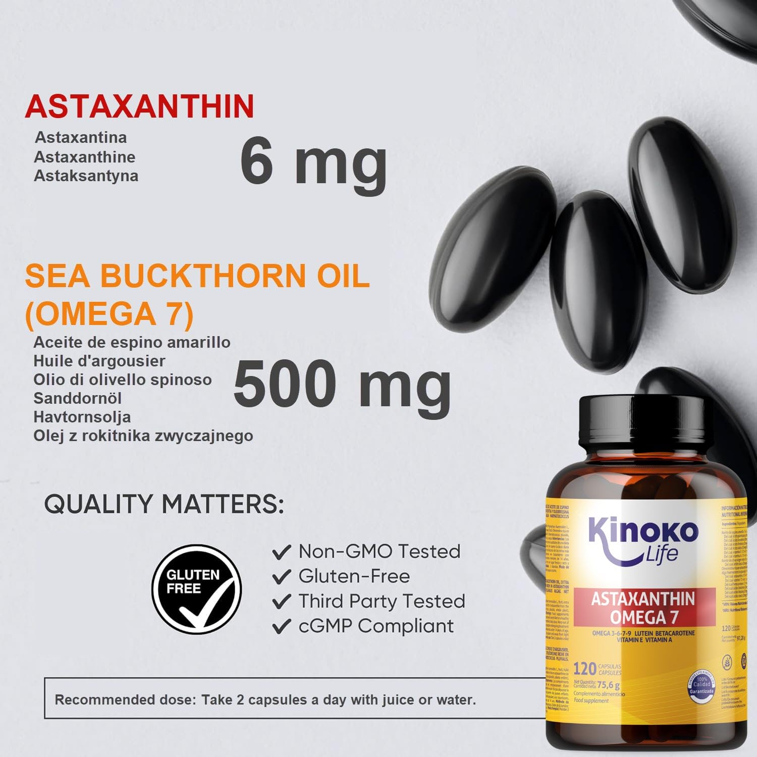 Astaxantina e Omega 7 dall'olio di olivello spinoso - 120 capsule con Omega 3, 6, 7, 9, luteina, betacarotene, vitamine E e A. Senza glutine. Senza OGM