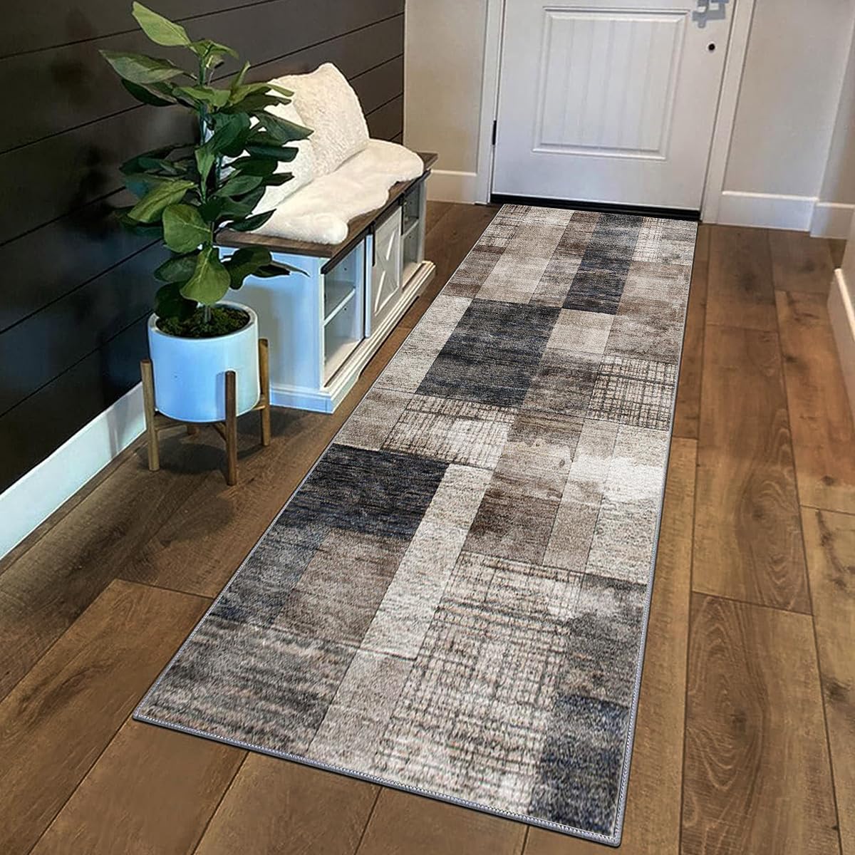 Teppich Läufer Flur Küche rutschfest Waschbar Patchwork-Muster 70x240cm Beige Braun Küchenläufer Lang Korridor -Teppichläufer Küchenteppich Meterware Anpassbar