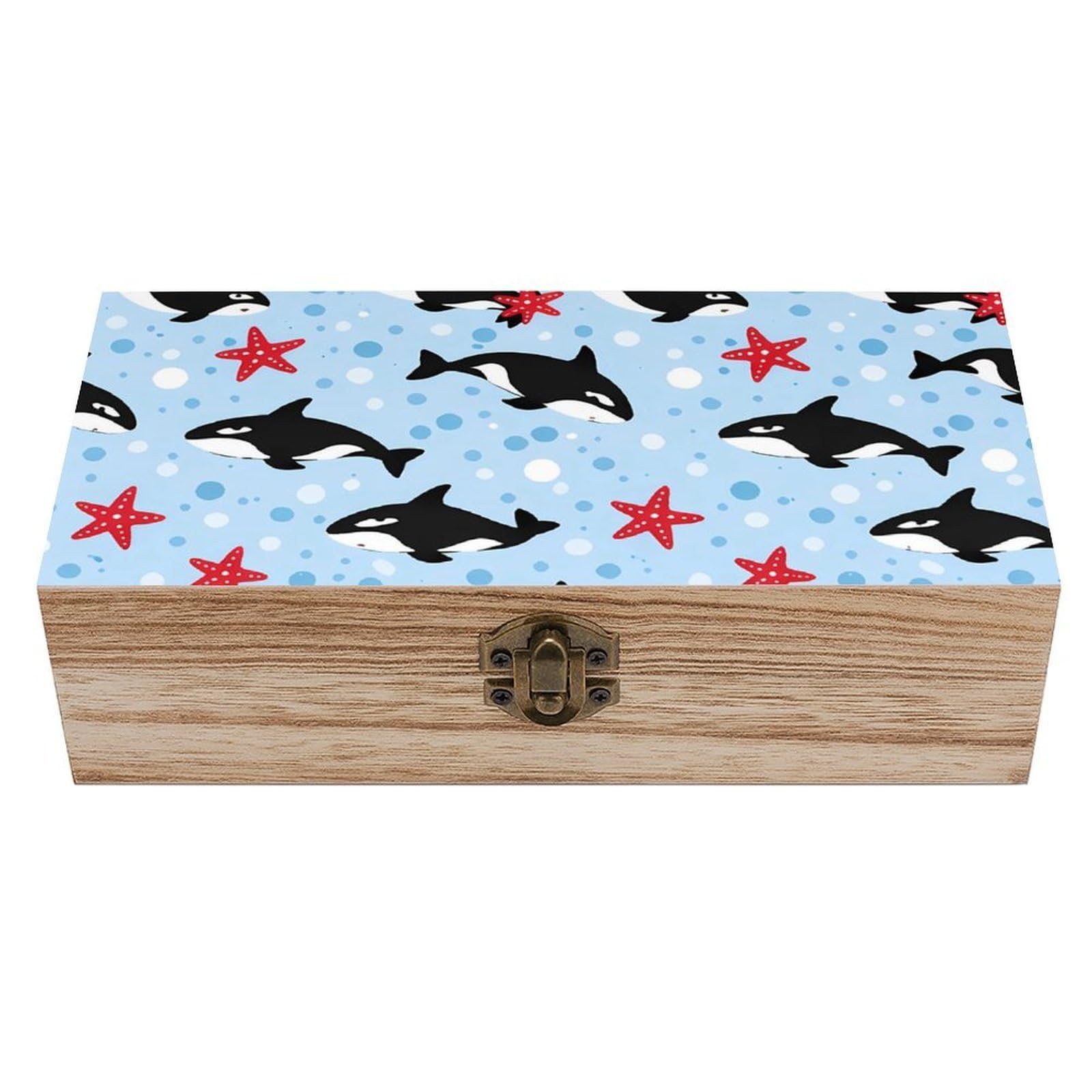 HLBSDM Cute Killer Whale Starfish Bubbles Dots Blue Wooden Storage Box