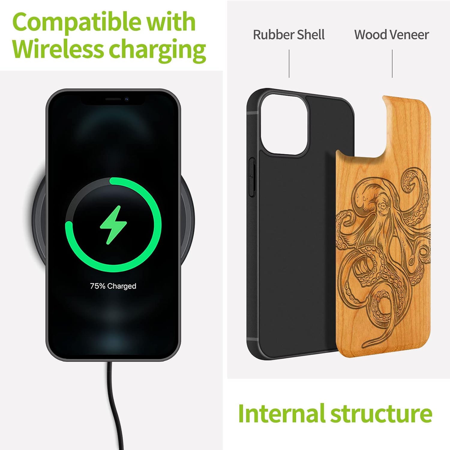 Carveit Magnetic Wood Case for iPhone 13 Pro Case [Natural Wood & Black Soft TPU] Unique & Classy Wooden Shockproof Protective Cover Compatible with MagSafe (Octopus Drawing -Cherry)