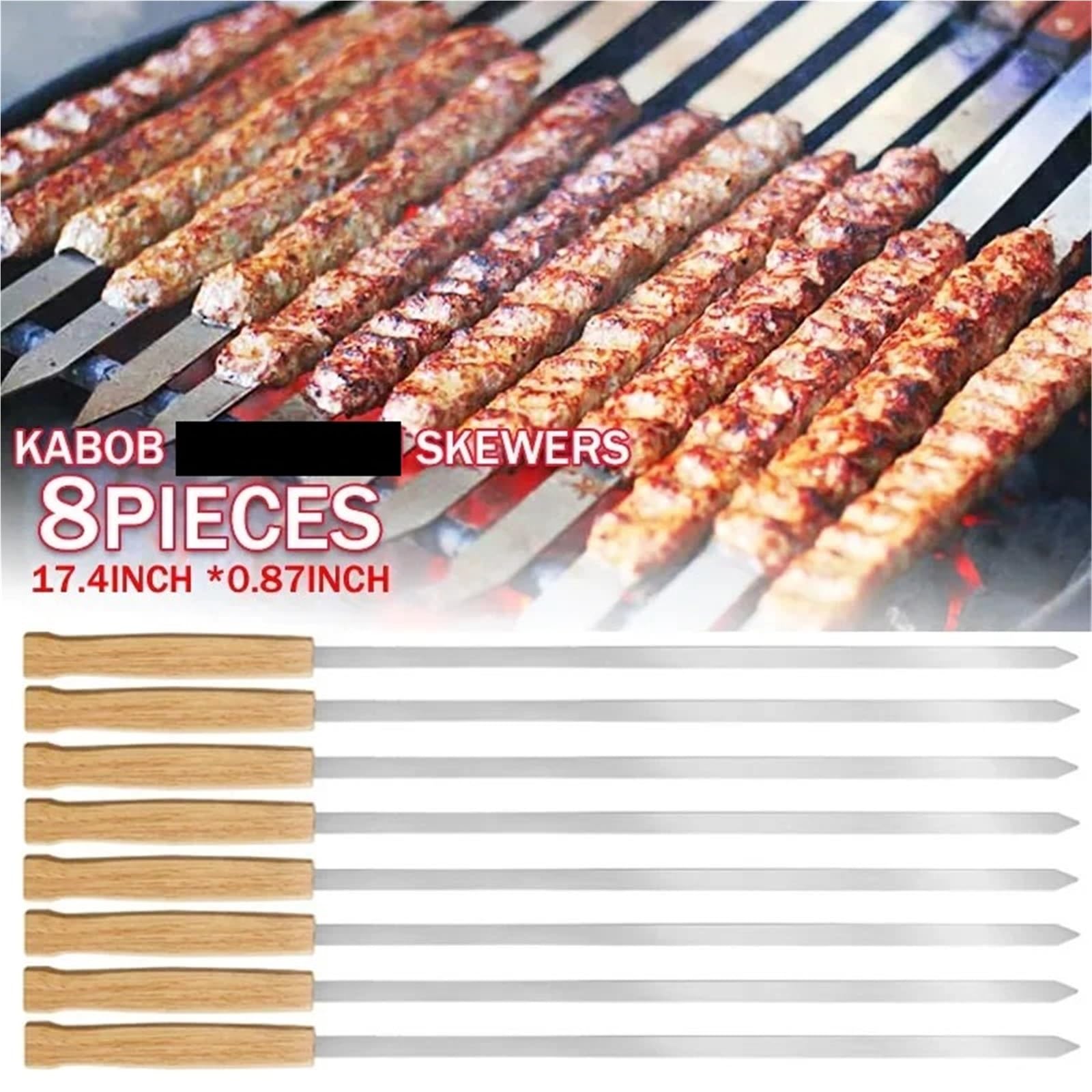 Grillspieß Mit Holzgriff 6/8 Stück Kabab-Spieße, 43,2 cm, Edelstahl, Grillspieß, Grillspieße, flacher Stab mit Holzgriff(8 pcs)