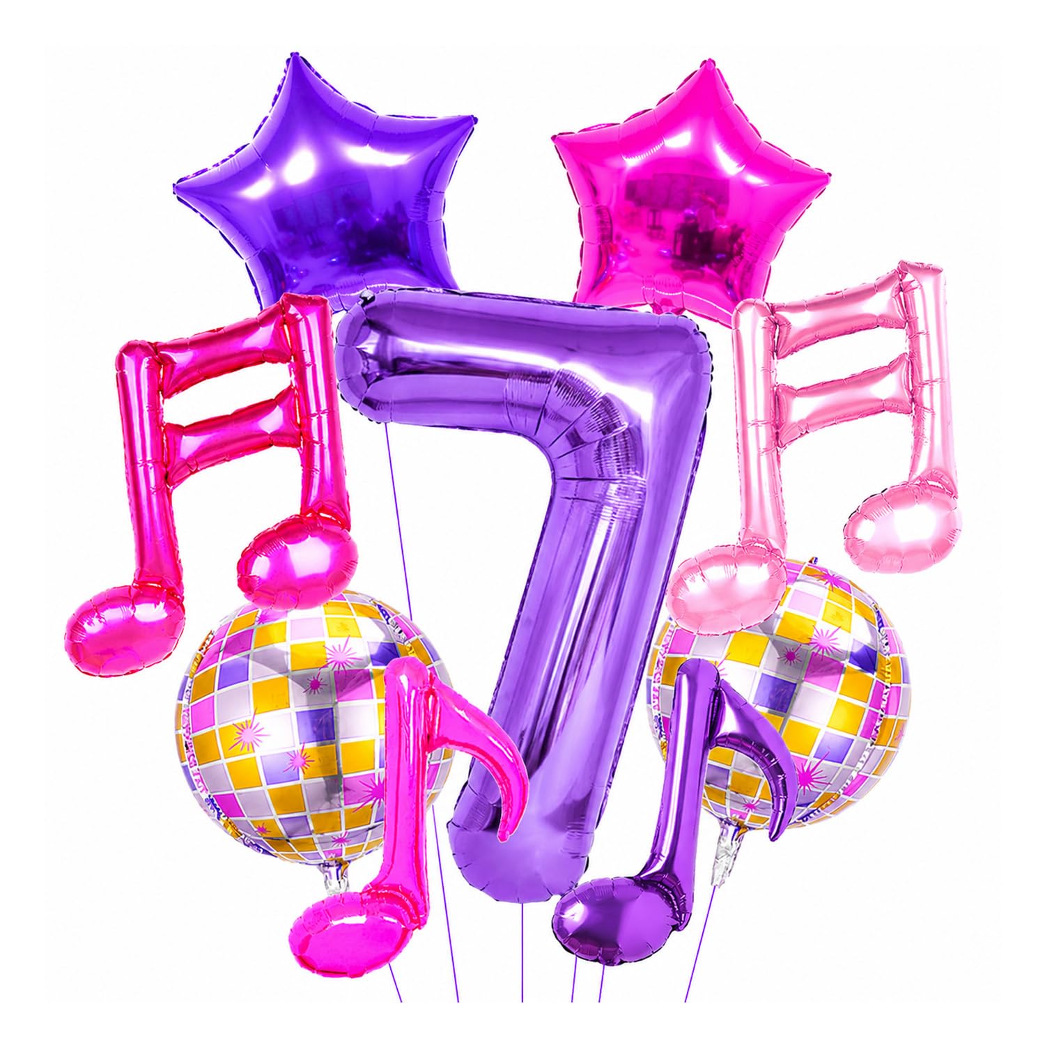 9Pcs Disco Party Balloons, Pink Purple Music Themed Foil Balloons for 7 Year Old Birthday, Guitar & Musical Note Decor, Party Supplies