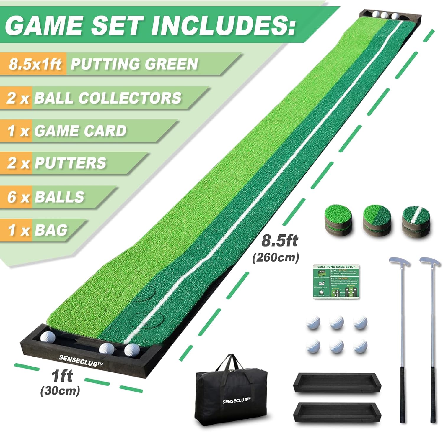 senseclub indoor putting green, foldable putting mat golf game set, golf gifts for men with ball-collect system green 6 caps (2 putters)