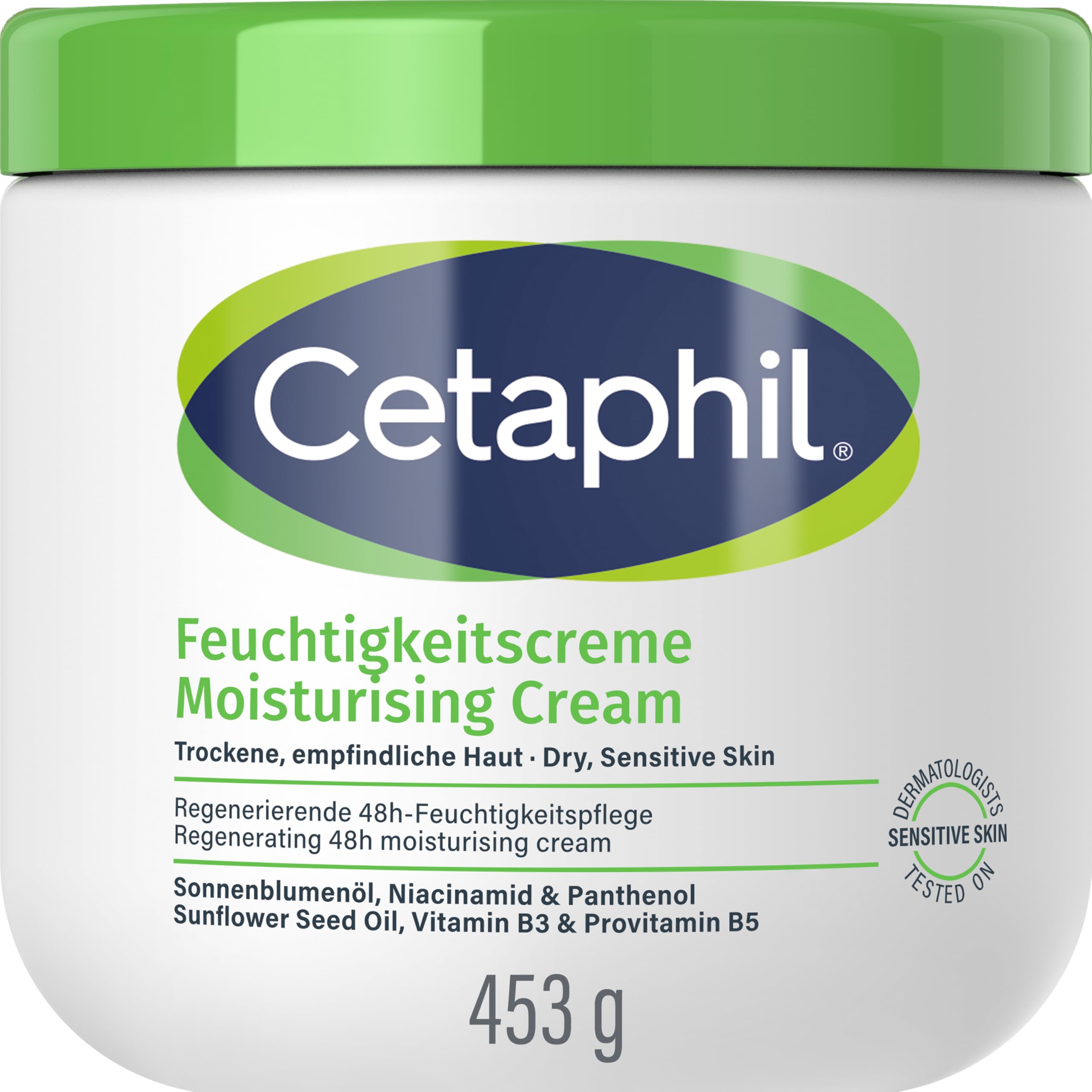 CETAPHIL Feuchtigkeitscreme, 453g, Für trockene, empfindliche Haut, Spendet intensiv 48h Feuchtigkeit und stärkt die Widerstandskraft, Mit Vitamin B3, Sonnenblumenöl, Verpackung kann variieren