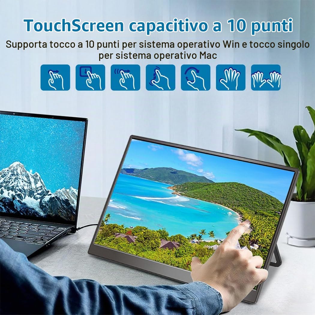 Monitor portatile touch 14" IPS 1080P, 100% sRGB, anti-riflesso, protezione occhi, schermo portatile USB-C e mini-HDMI per laptop, Mac, PC e console di gioco